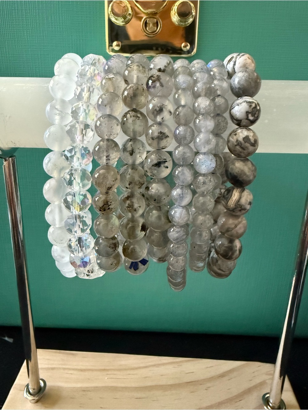 Variety of white and gray authentic crystal bead bracelets